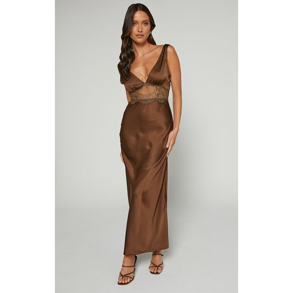 ✨JULIET MIDI DRESS - V NECK LACE INSERT SATIN SLIP SZ 6 DRESS IN CHOCOLATE✨ - Picture 5 of 13